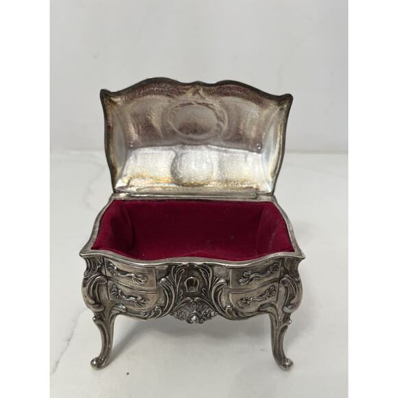 Vtg Jewelry Trinket Box Victorian Heavy Ornate Silver Tone Velvet Lined Hinged - Picture 2 of 5